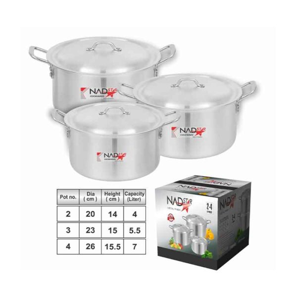 Nadstar Cookware Set 3Pcs Set With Lid &Amp; Handle Metal Finish Sufuria 4L 5.5L 7L 2X4