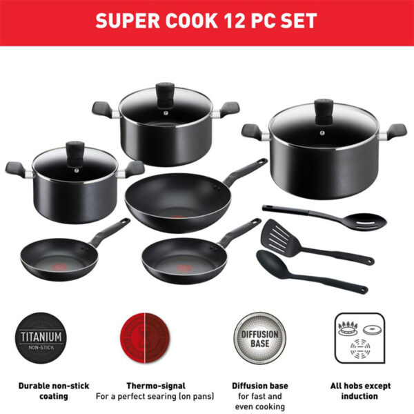 Tefal Super Cook Cookware Set 12Pcs Non Stick Thermo Signal 100% Safe Aluminium Frying Pan &Amp; Cooking Pot Kitchen Utensil Set B459Sc84