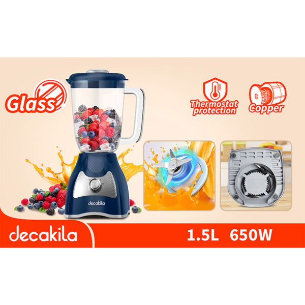 Decakila Blender 650W Capacity 1.5L Jug 2 Speed With Pulse Ss Blade Mixer 6-Bladed Stainless Steel Blade Kejb045L
