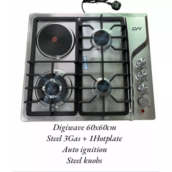 Digi Wave Hob 3 Gas Burner With1 Hot Plate Auto Ignition 60X60X 8Mm Steel Body Dwgc 2003