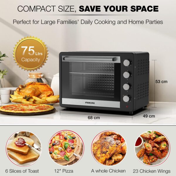 Nikai Oven 75L 2200W Oven Rotisserie Function &Amp; 120 Minutes Timer With Stay On Multiple Accessories High-Efficiency Heating Indicator Light - Nt75Rcz