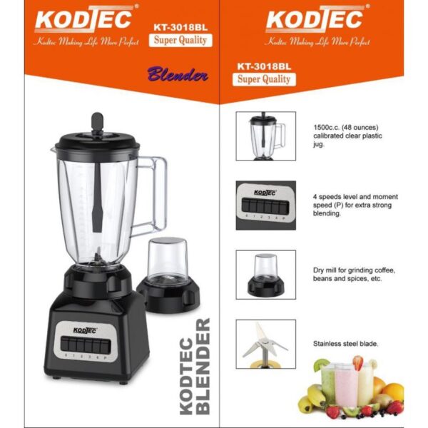 Kodtec Blender 1.5L Plastic Jar 350W With 1 Mill Unbreakable Kt-3018Bl