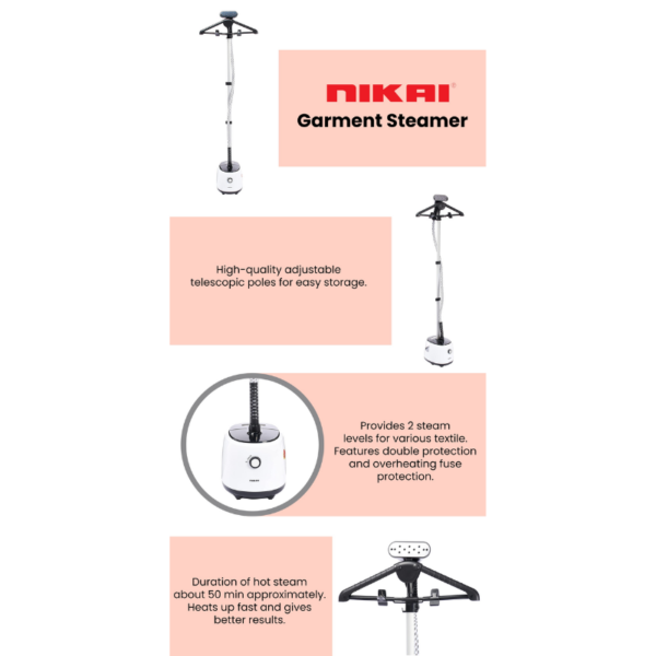 Nikai Garment Steamer 1600W 1.8L Duration Of Steam 50Min 45S Preheat 2L Water Tank Floor Standing Plastic Ngs566A