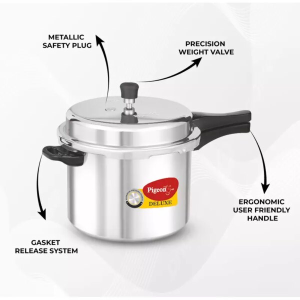 Pigeon Pressure Cooker 7.5L Deluxe Aluminium Outer Lid Gas Stove Compatible Ergonomically Designed Handle Pp7.5