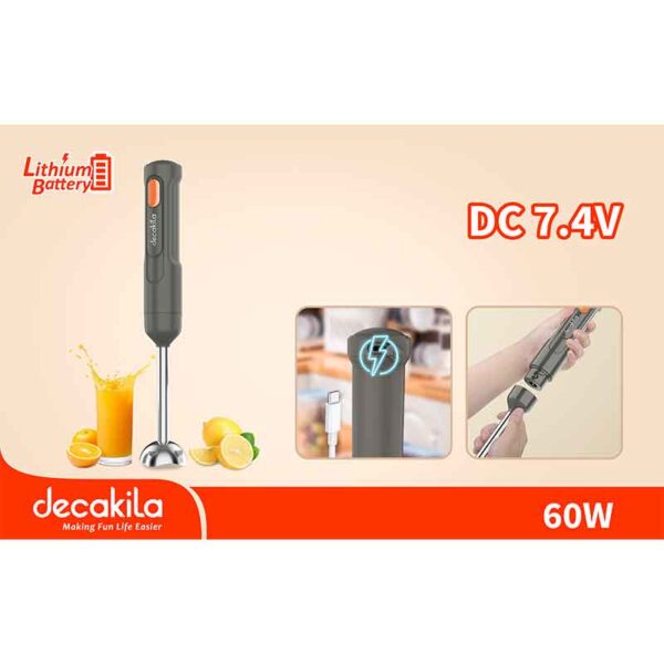 Decakila Hand Blender 60W Cordless 1500 Mah Lithium Battery 7.4V Rechargeable Stainless Steel Blades Anti-Slip Feet Design Kmjb037G