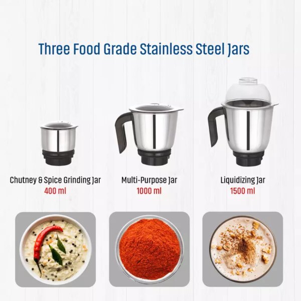 Pigeon Mixer Grinder 750W Stainless Steel Jar Copper Motor ‎Removable Jar Compact Design 1.5L 1.0L 0.4L Jars Especial