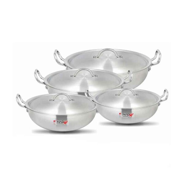 Nadstar Wok Karai Set 4Pcs Set With Lid &Amp; Handle Metal Finish Wok 1L 2L 3.2L 4.5L Mf1X4