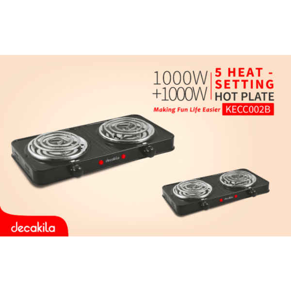 Decakila Coil Plate Double 2000W 2 Burner Plate 5 Heat Setting Stainless Burner Cap Light Indicator - Auto-Thermostat Control Kecc002B