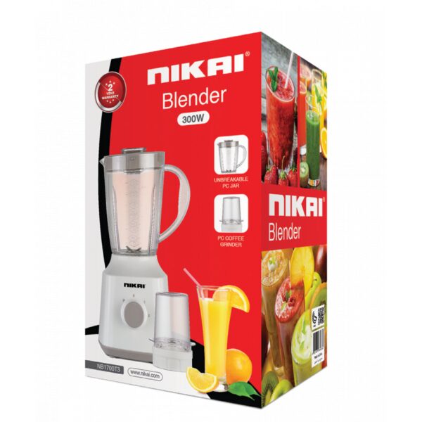 Nikai Blender 1.5L 1Mill 300W Jar Capacity 2 Speeds Pulse Function Unbreakable Pc Jar Measuring Cup Stainless Steel Blades Perfect For Dry &Amp; Wet Fine Grinding Mixing &Amp; Juicing - Nb1700T3