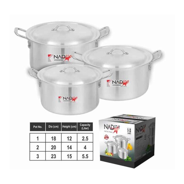 Nadstar Cookware Set 3Pcs Set With Lid &Amp; Handle Metal Finish Sufuria 2.5L 4L 5L 1X3