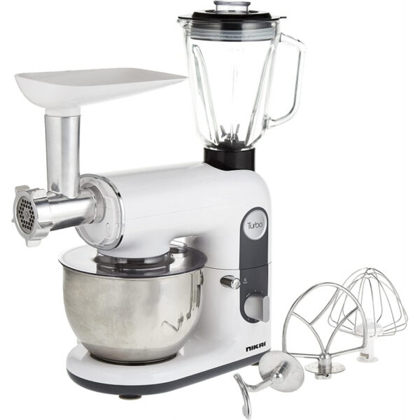 Nikai Kitchen Machine 800W 4L Bowl Metal Heavy Duty Meat Grinder Splash-Proof Lid Die Cast Aluminium Hooks Dual Speeds And Stainless-Steel Whisk Nfp444A