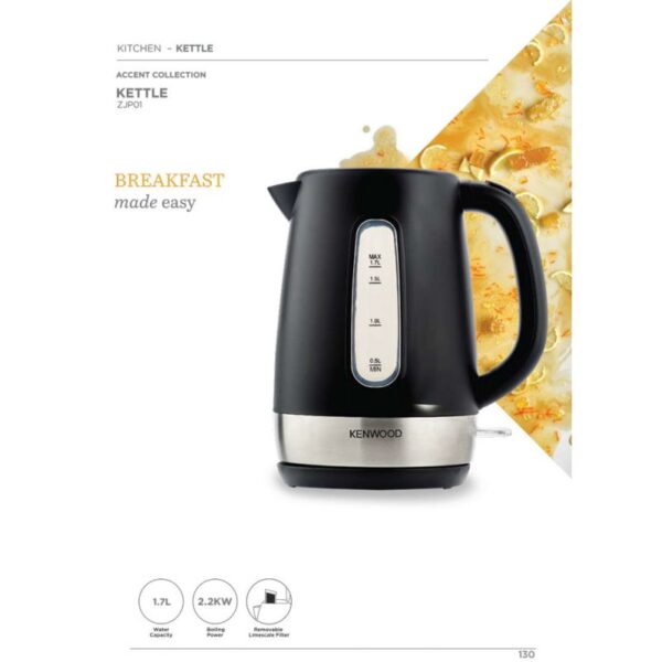 Kenwood Kettle 1.7L Cordless Electric Kettle 2200W With Auto Shut-Off &Amp; Removable Mesh Filter Internal Water Gauge Zjp01.Aobk