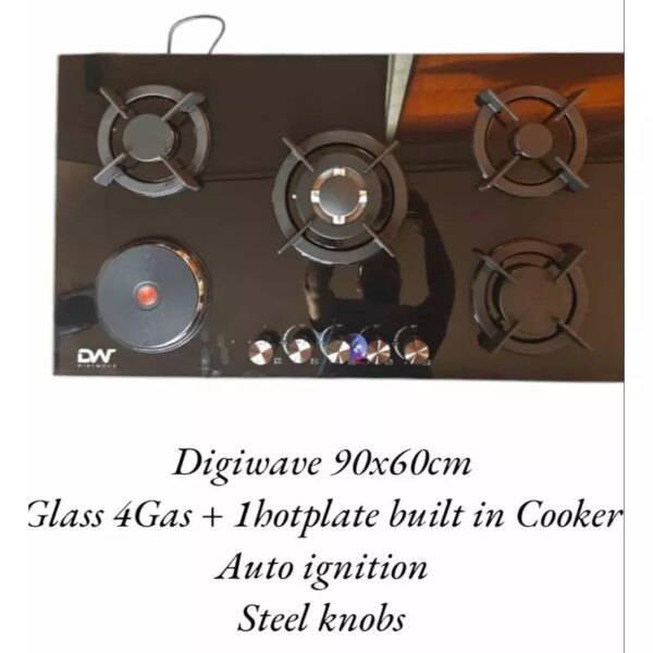 Digi Wave Hob 4 Gas And 1 Hotplate Burner With Auto Ignition 90X60X 8Mm Tempered Glass Dwgc 2006