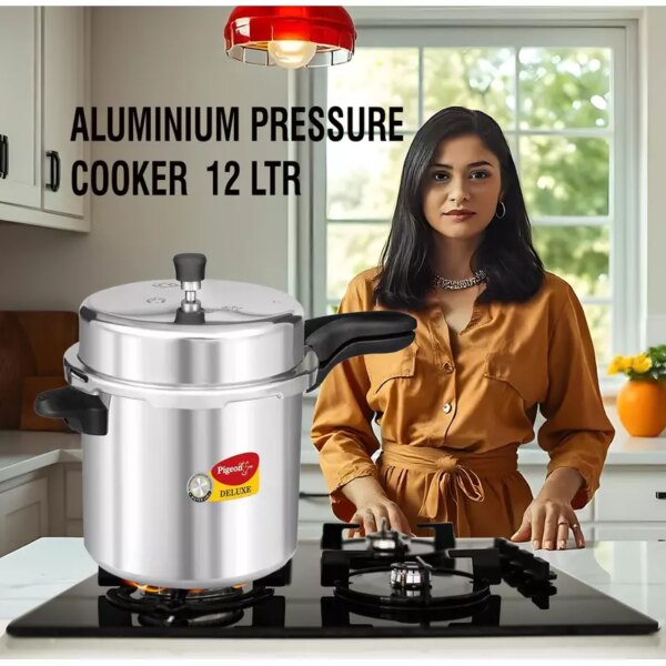 Pigeon Pressure Cooker 12L 106 Deluxe Aluminium Outer Lid Gas Stove Compatible Ergonomically Designed Handle Pancake Pan Flat Pan Dosa Pan Pp12