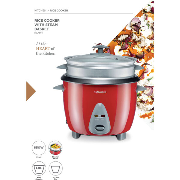 Kenwood 2-In-1 Rice Cooker 1.8L 10-Cups Rice With Food Steamer Basket Non-Stick Cooking Pot Temepered Glass Lid Warm/Cook Lights Spatula Holder Detachable Cord Rcm44.000Rd