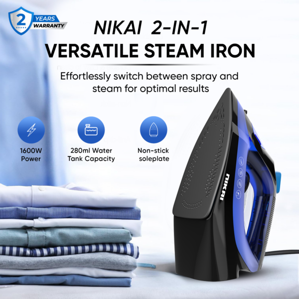 Nikai Steam Iron 1600W 280Ml Self-Cleaning Function Non-Stick Soleplate Vertical Steam Dry &Amp; Spray Options Adjustable Temp Indicator Light Variable Steam Control Nsi858Ax