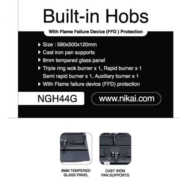 Nikai Gas Built In Hob Cast Iron Pan Support 4 Gas Burner With Ffd Projector And Auto Ignition 58X50X12Cm 8Mm Tempered  Glass Ngh44G
