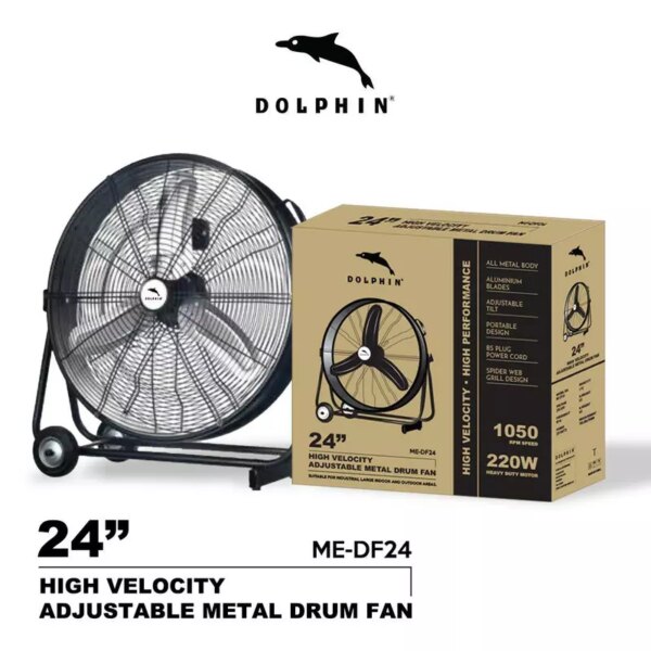 Dolphin Metal Drum Fan 24'' 220W 1050Rpm High Velocity High Performance Me-Df24