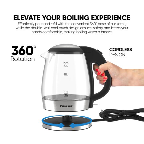 Nikai Kettle Glass Body 1.2L  2200W Compact Cordless Electric Glass Kettle Boiler Automatic Shut Off Boil Dry Protection Led Indicator Integrated Filter 360° Rotating Base Nk303G