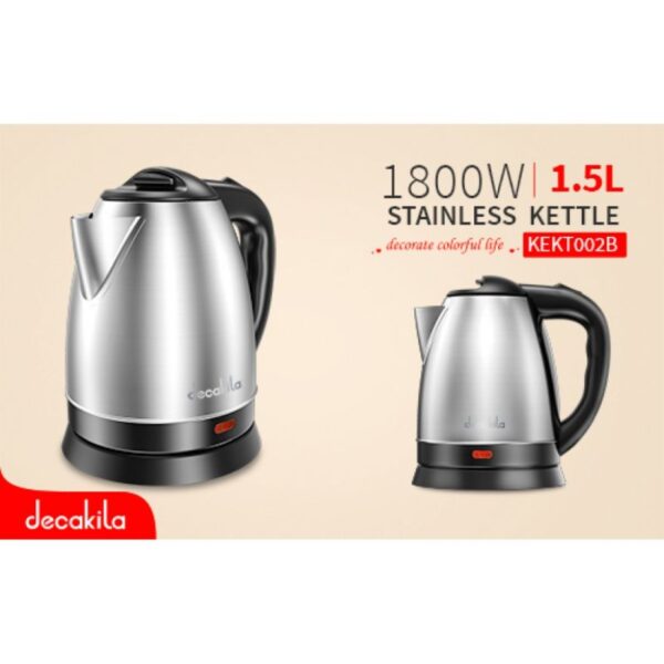 Decakila Kettle 1.5L Electric Jug 1800W Stainless Steel With Water Gauge Boil Dry Protection With Working Light Kekt002B