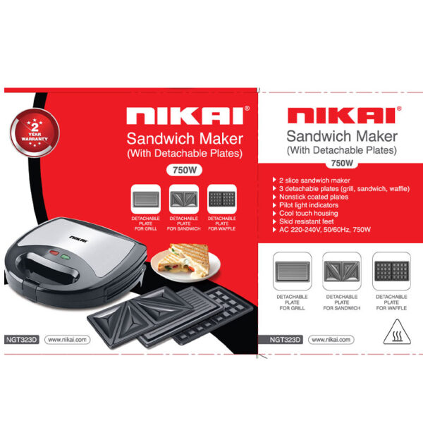Nikai Sandwich Grill &Amp; Waffle Maker 750W 3 Detachable Plate Cool Touch Housing Pilot Light Indicator Cool Touch Housing Ngt323D