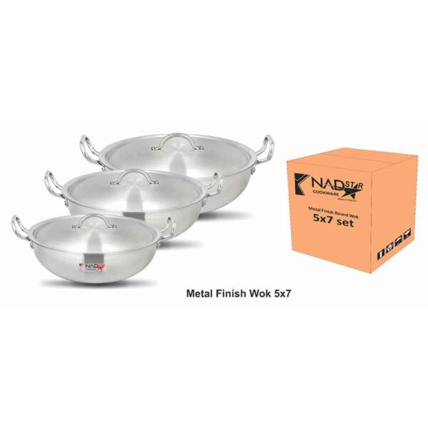 Nadstar Wok Karai Set 3Pcs Set With Lid &Amp; Handle Metal Finish Wok Jumbo Round Wj31/36