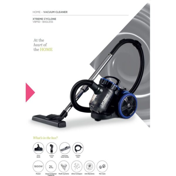 Kenwood Vacuum Cleaner 1800W Multi Cyclonic Bagless Canister 2L With 4.5M Cable Ultra Compact Surface Anti Bacteria Pet Care For Home &Amp; Office Vbp50.000Bb