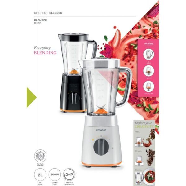 Kenwood Blender 500W Smoothie Blender/Smoothie Maker 1.5L With Multi Mill (Grinder/Chopper) Ice Crush Function Blp15.150Wh