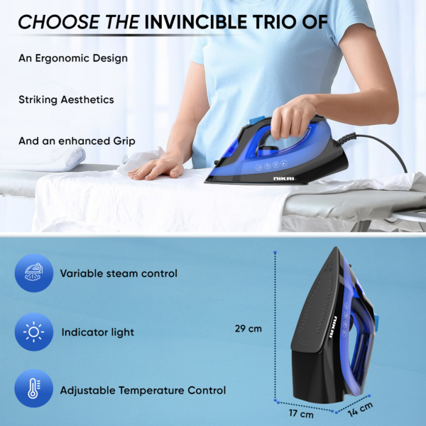 Nikai Steam Iron 1600W 280Ml Self-Cleaning Function Non-Stick Soleplate Vertical Steam Dry &Amp; Spray Options Adjustable Temp Indicator Light Variable Steam Control Nsi858Ax