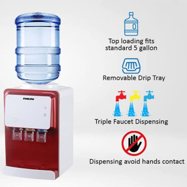 Nikai Water Dispenser Table Top Anti-Bacterial Child Lock Cfc Free Triple Faucet Dispensing Removable Drip Tray Inner Stainless Steel Nwd1900T Red