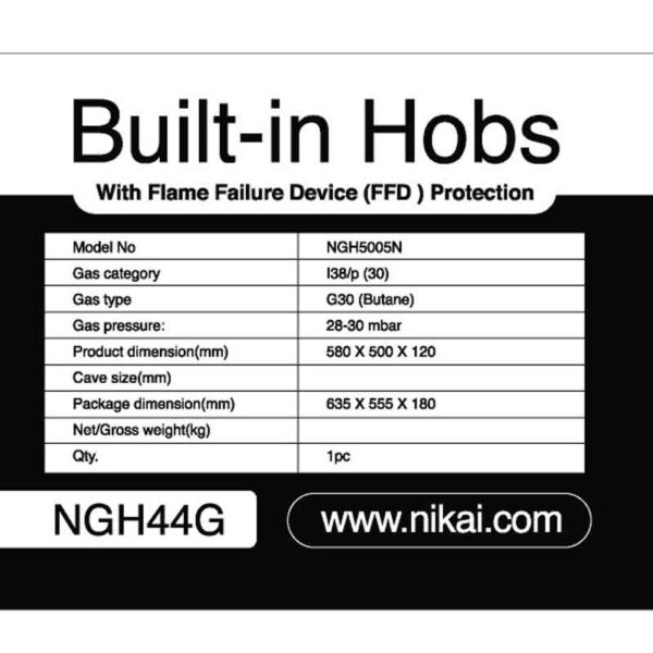 Nikai Gas Built In Hob Cast Iron Pan Support 4 Gas Burner With Ffd Projector And Auto Ignition 58X50X12Cm 8Mm Tempered  Glass Ngh44G