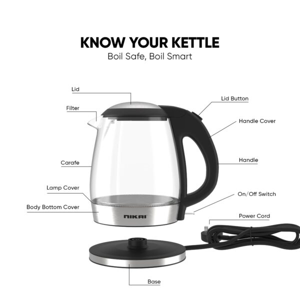 Nikai Kettle Glass Body 1.2L  2200W Compact Cordless Electric Glass Kettle Boiler Automatic Shut Off Boil Dry Protection Led Indicator Integrated Filter 360° Rotating Base Nk303G