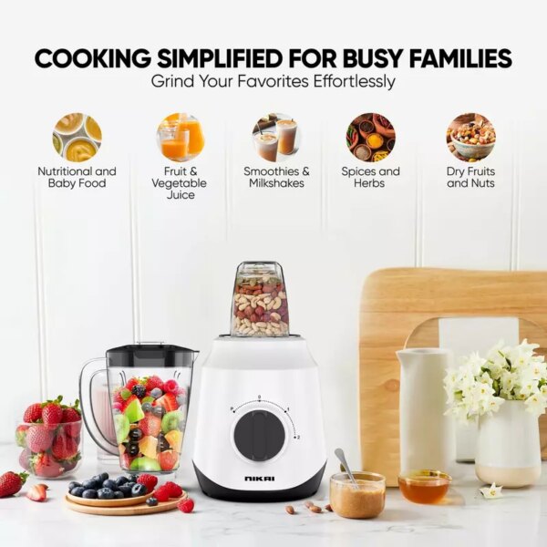 Nikai Blender 1.5L 450W 2 In 1 Unbreakable Pc Jar 3 Speeds Stainless Blades Easy To Clean Detachable Parts Perfect For Blending And Grinding - Nb2511Ax