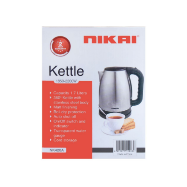 Nikai Electric Kettle 1.7L Stainless Steel 2200W With Filter And Boil Dry Protection With Auto-Shut Lid Nk420A