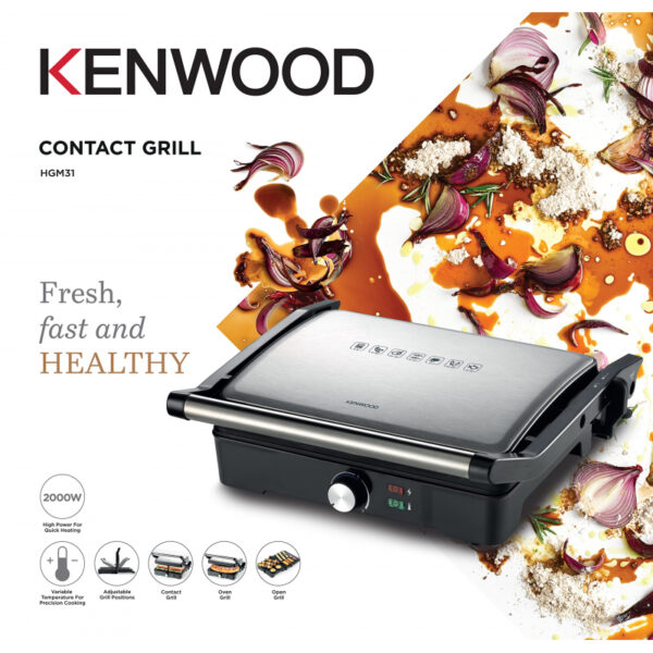 Kenwood Grill 2000W Contact Health Grill Panini Press With Variable Temperature 3 Grill Positions For Panini Burger Sandwich Pizza Steak Chicken Fish Vegetables Hgm31.000Si