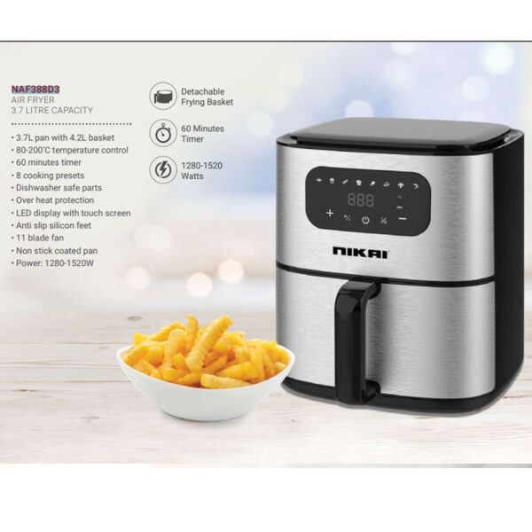 Nikai Air Fryer 4.2L Multifunctional Low Oil Fryer 1520W Non Stick Coating Pan With Dishwasher Safe Overheat Protection Temperature Control Timer Automatic Shut-Off Naf388D3