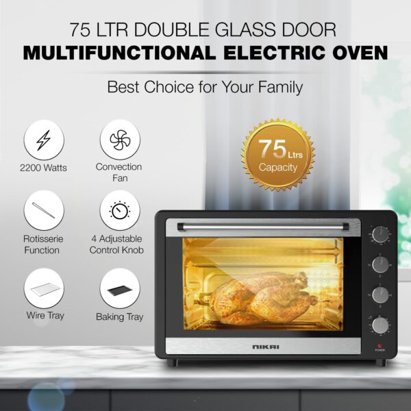 Nikai Oven 75L 2200W Oven Rotisserie Function &Amp; 120 Minutes Timer With Stay On Multiple Accessories High-Efficiency Heating Indicator Light - Nt75Rcz