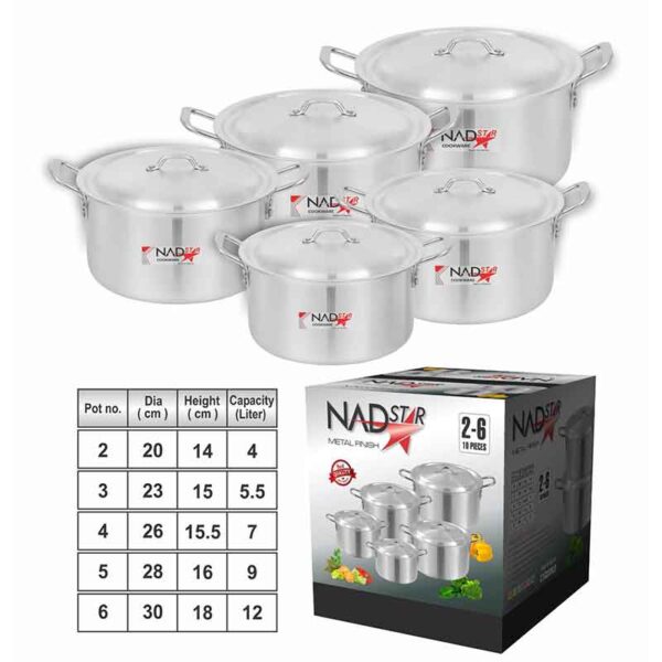 Nadstar Cookware Set 5Pcs Set With Lid &Amp; Handle Metal Finish Sufuria 4L 5.5L 7L 9L 12L 2X6
