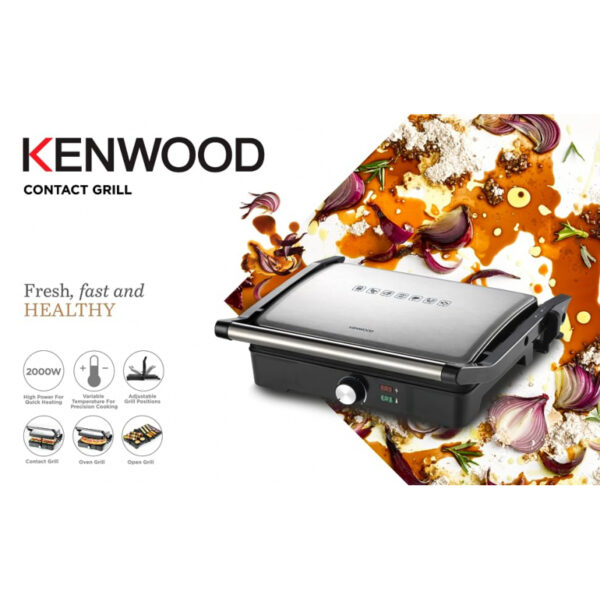 Kenwood Grill 2000W Contact Health Grill Panini Press With Variable Temperature 3 Grill Positions For Panini Burger Sandwich Pizza Steak Chicken Fish Vegetables Hgm31.000Si