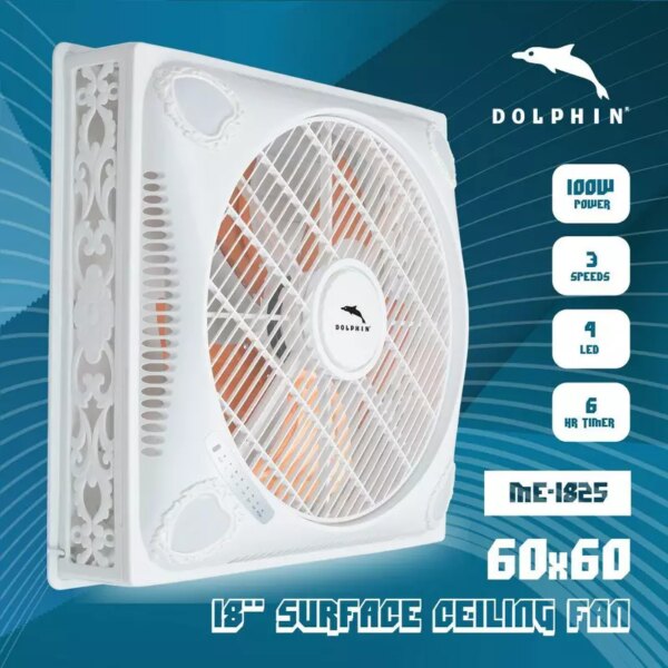 Dolphin Surface Ceiling Fan 18'' 100W 60X60 3 Speeds 4 Led Lights 6Hr Timer Me-1825