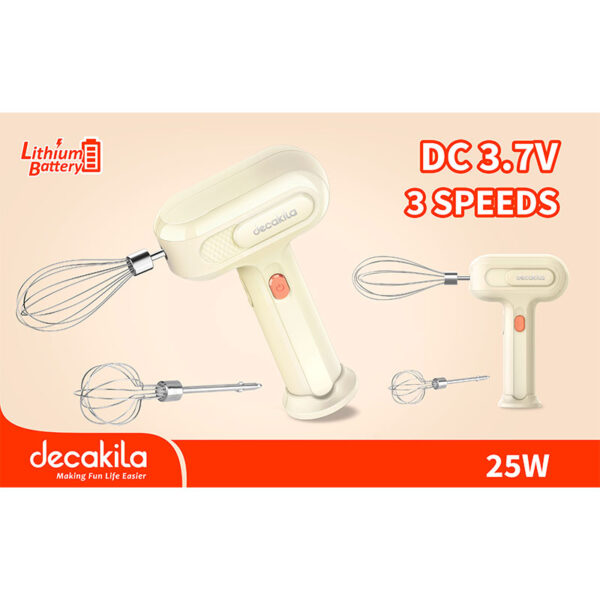 Decakila Hand Mixer 25W 3 Speeds 2 Attachments Rechargeable 1500Mah 2 Pcs Whisk Sticks 1 Pcs Usb Charging Line Kmmx018E