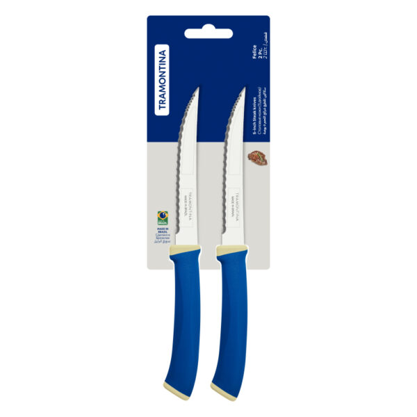 Tramontina Felice Barbecue Knife 5'' Stainless Steel Blades, Microserrated Edge &Amp; Blue Polypropylene Handles 2Pc Set 23494/215