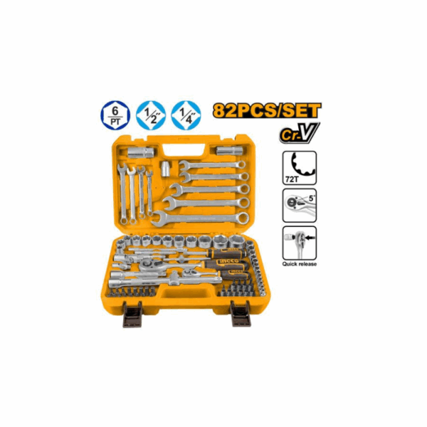 Ingco 82Pcs 1/4&Quot; &Amp;1/2&Quot; Socket Set With Cr-V Steel Material, Three Color Soft Handle Hkts42802