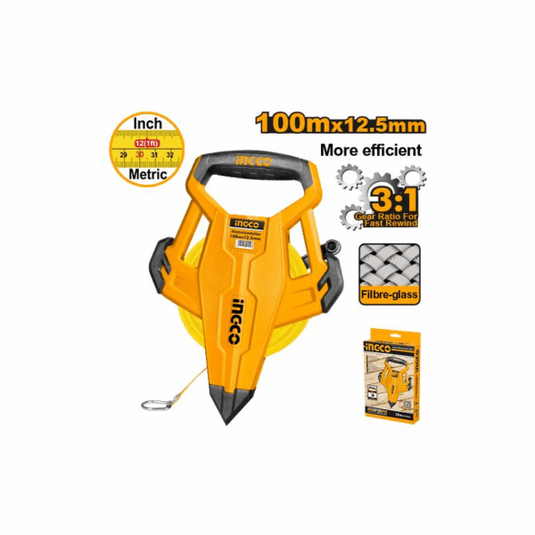 Ingco Fibreglass Measuring Tape 100Mx12.5Mm With 3:1 Gear Ratio, Metric &Amp; Inch Hmft83100