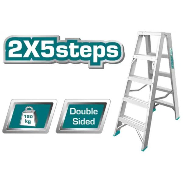 Total Double Sided Folding Ladder Aluminium 2 X 5 Steps, Easily Foldable For Space Saving Storage, Oxidation Thlad01051