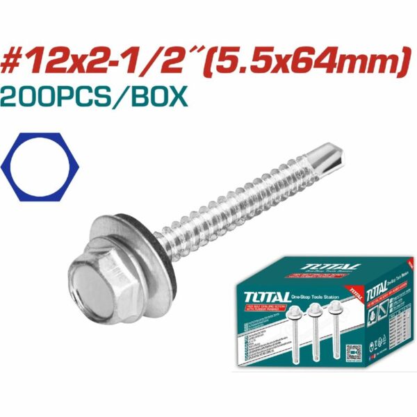 Total Self Drilling Hex Screw With Rubber Washer, Zinc Plated 12X2-1/2&Quot; (5.5X64Mm) 200Pcs Thwhd122121