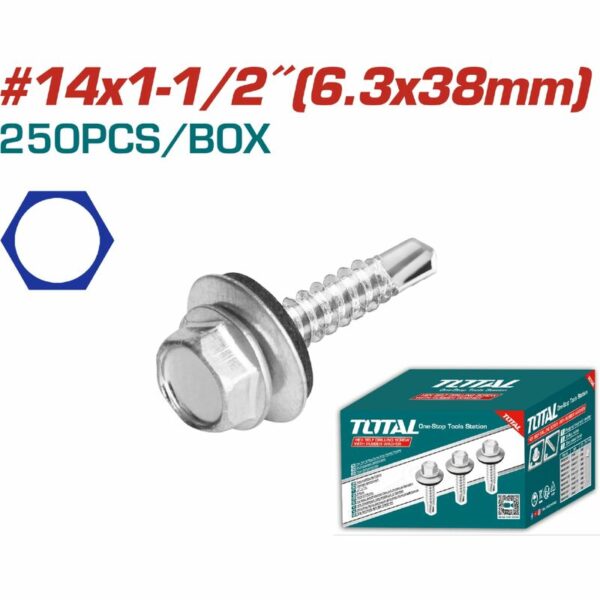 Total Self Drilling Hex Screw With Rubber Washer, Zinc Plated 14X1-1/2&Quot; (6.3X38Mm) 250Pcs Thwhd141121