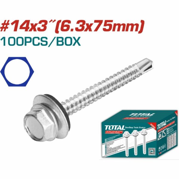 Total Self Drilling Hex Screw With Rubber Washer, Zinc Plated 14X3&Quot; (6.3X75Mm) 100Pcs Thwhd1431