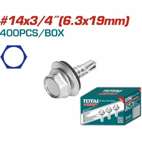 Total Self Drilling Hex Screw With Rubber Washer, Zinc Plated 14X3/4&Quot; (6.3X19Mm) 400Pcs Thwhd14341