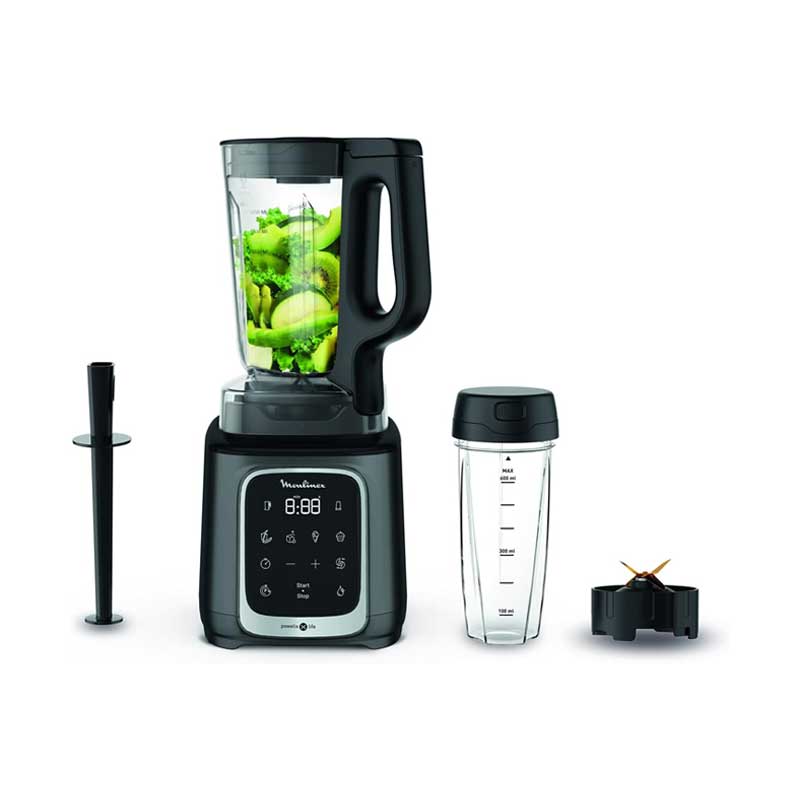 Moulinex Blender 2.6L Tritan Blender Jar With 2 Mills, 1600W, Razor Sharp 6 Blades, Infinity Mix, Digital Touch Control With 5 Automatic Programs, 10 Speed Settings, On The Go Bottle Lm91Hd27